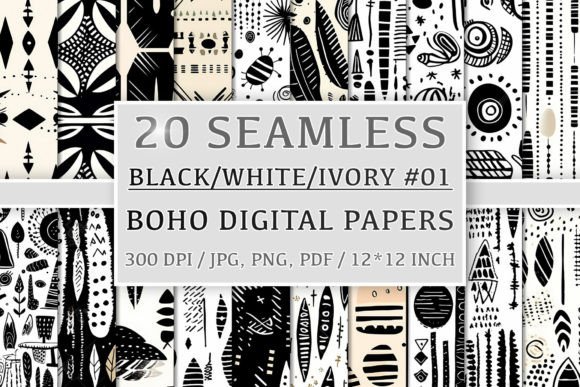 Download 20 Seamless Black White Ivory Boho Set 1 - Ivory Collection