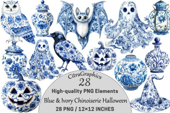 Download Blue &amp; Ivory Chinoiserie Halloween PNG. - Ivory Collection