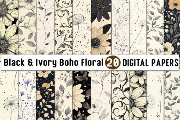 Download Black &amp; Ivory Boho Floral Digital Paper - Ivory Collection