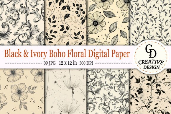 Download Black &amp; Ivory Boho Floral Digital Paper - Ivory Collection